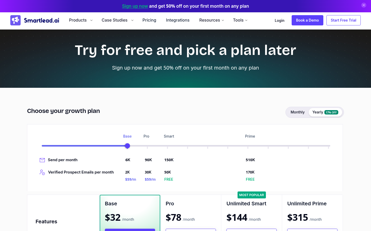 Smartlead's pricing page