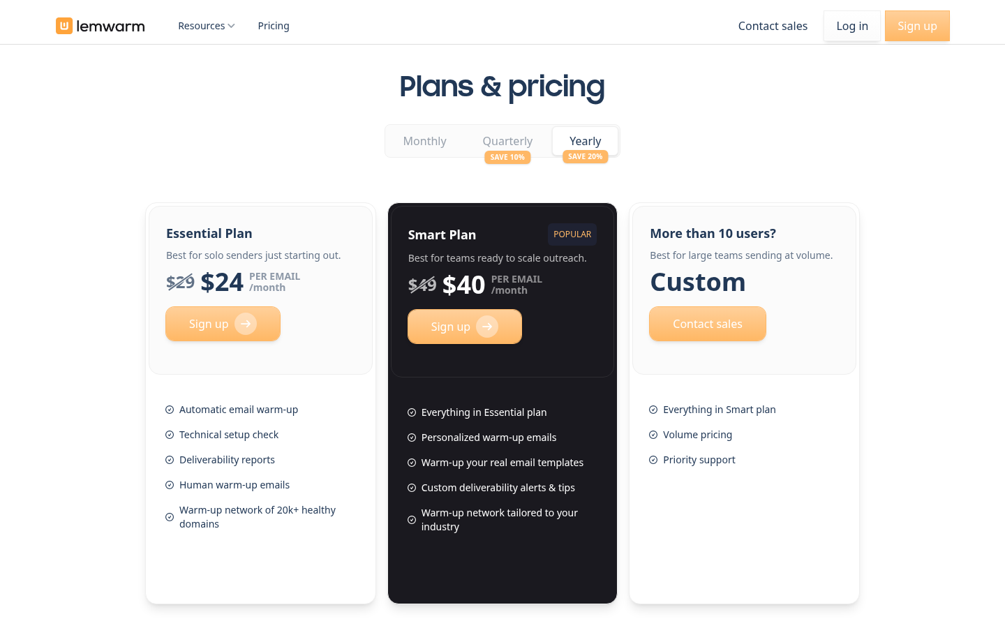Lemwarm's pricing page