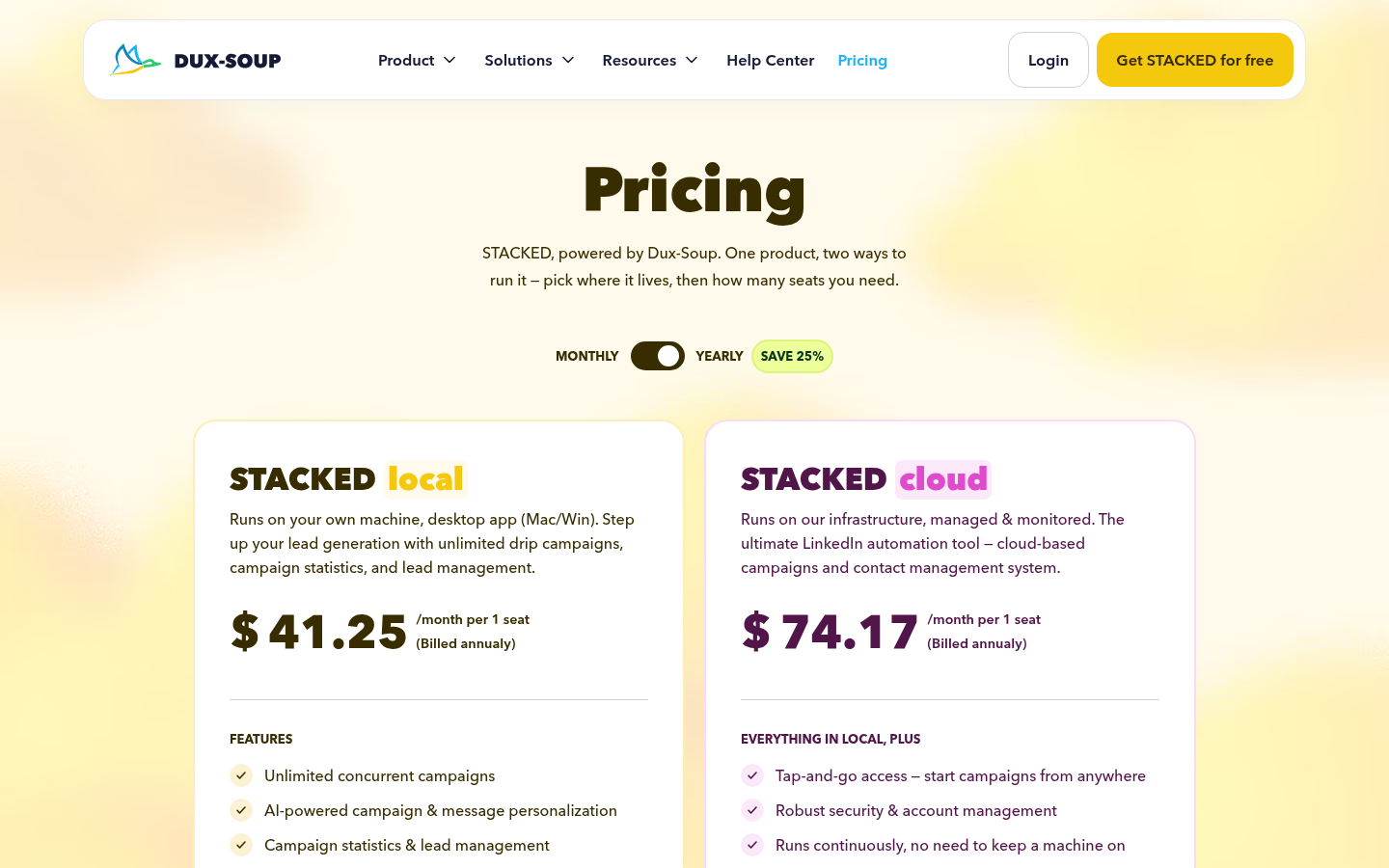 Dux-Soup's pricing page