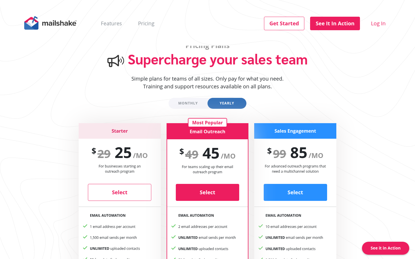Mailshake's pricing page