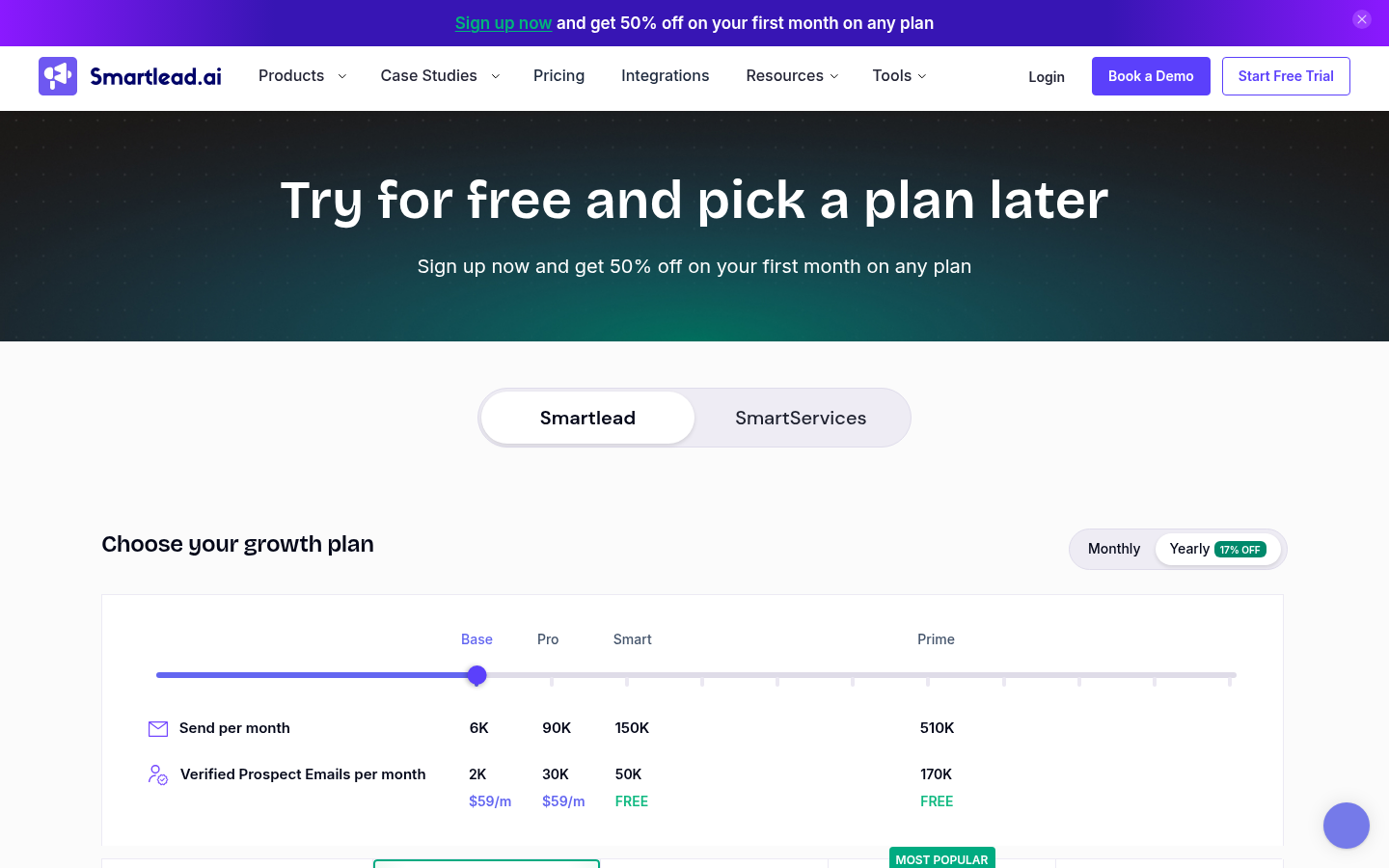 Smartlead's pricing page