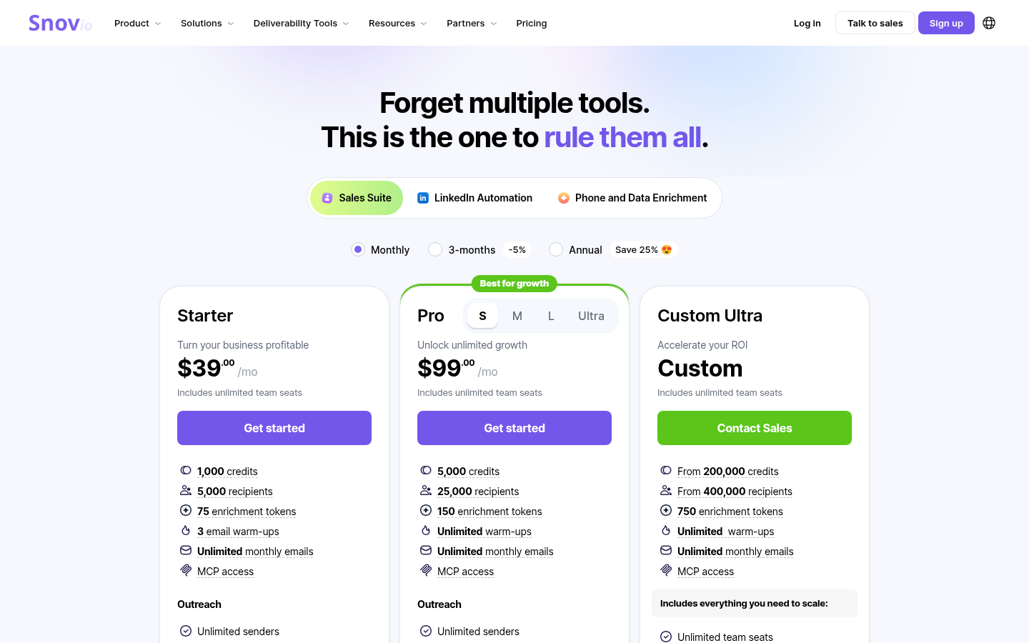 Snov.io's pricing page