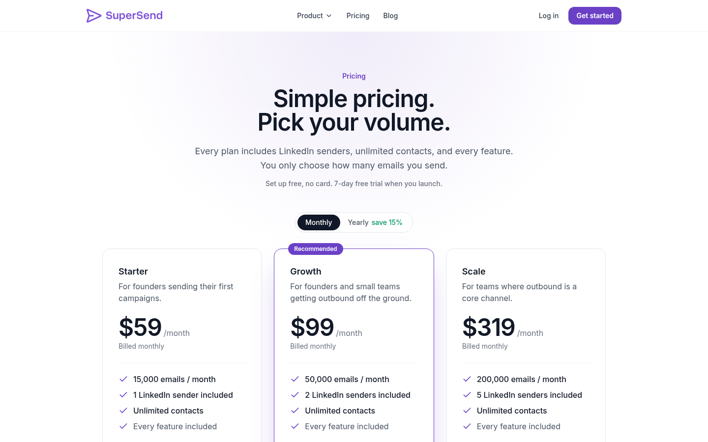 SuperSend's pricing page
