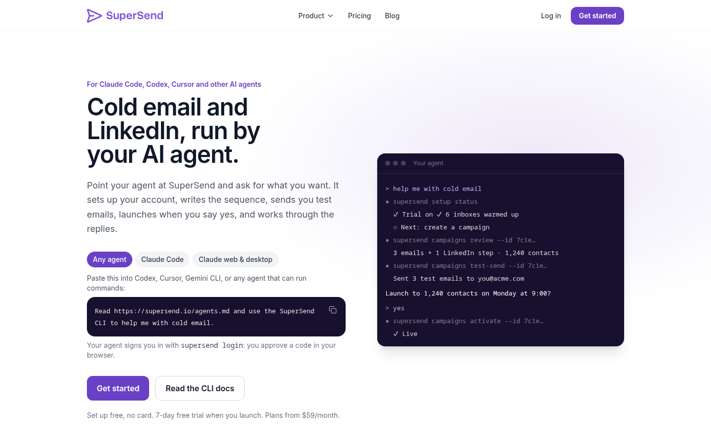 SuperSend's agents page with the Claude setup steps