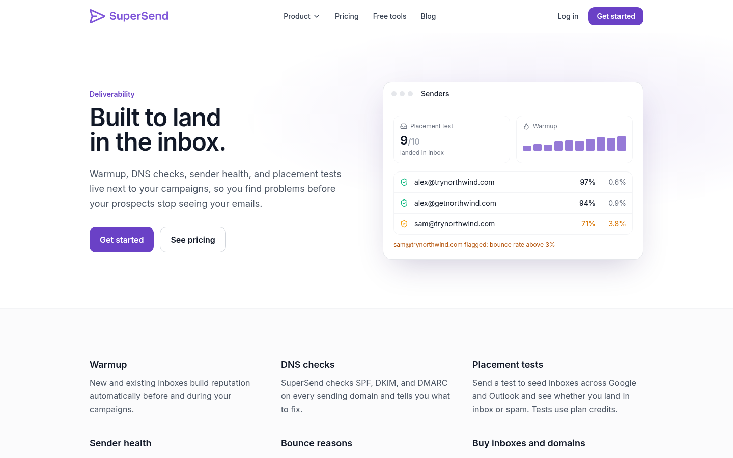 SuperSend's deliverability feature page
