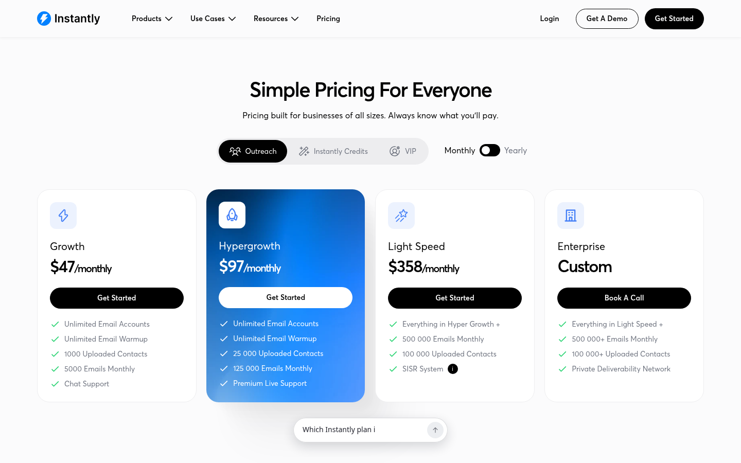 instantly.ai's pricing page