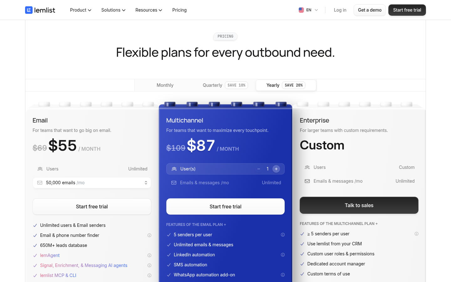 lemlist.com's pricing page