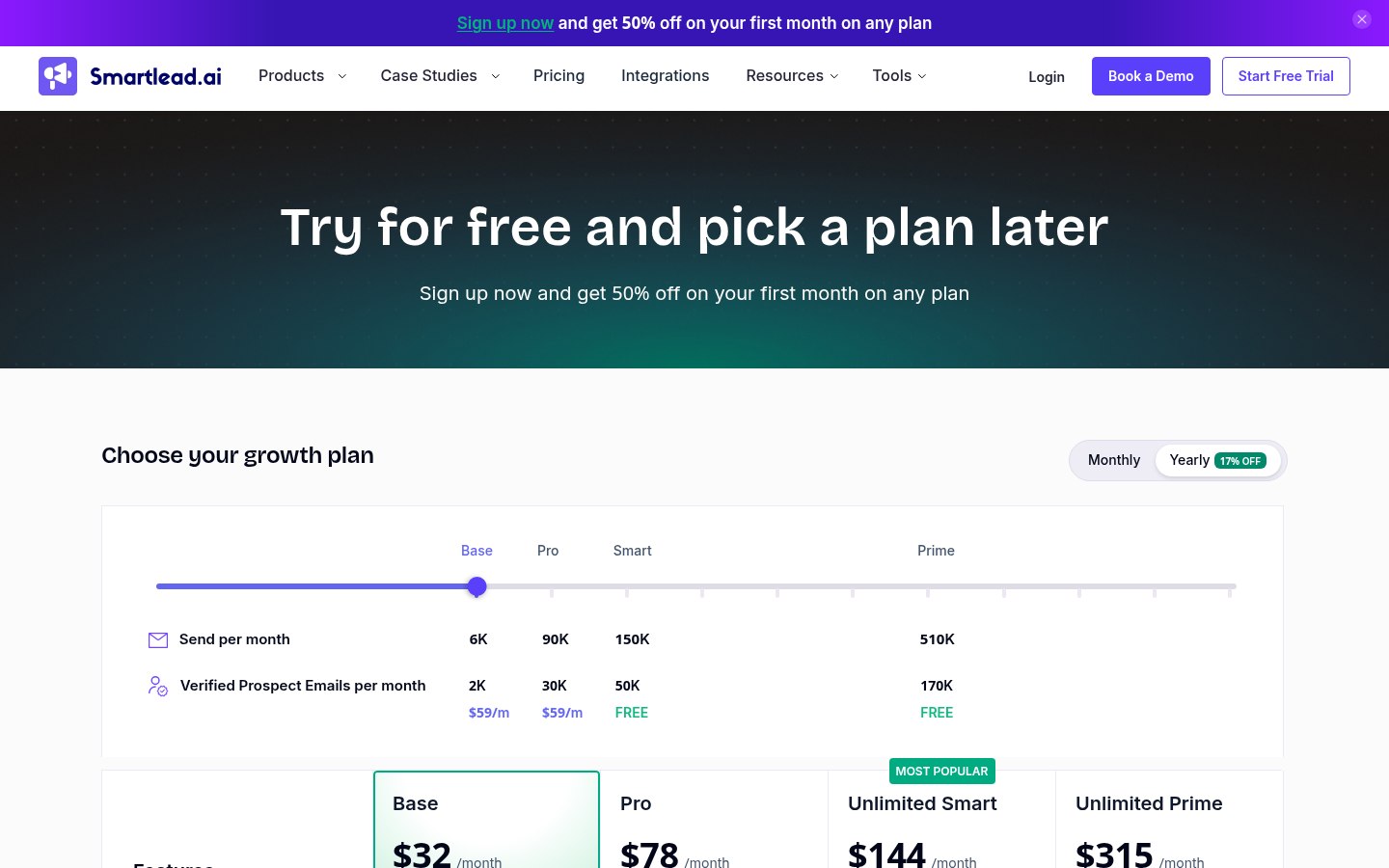 smartlead.ai's pricing page