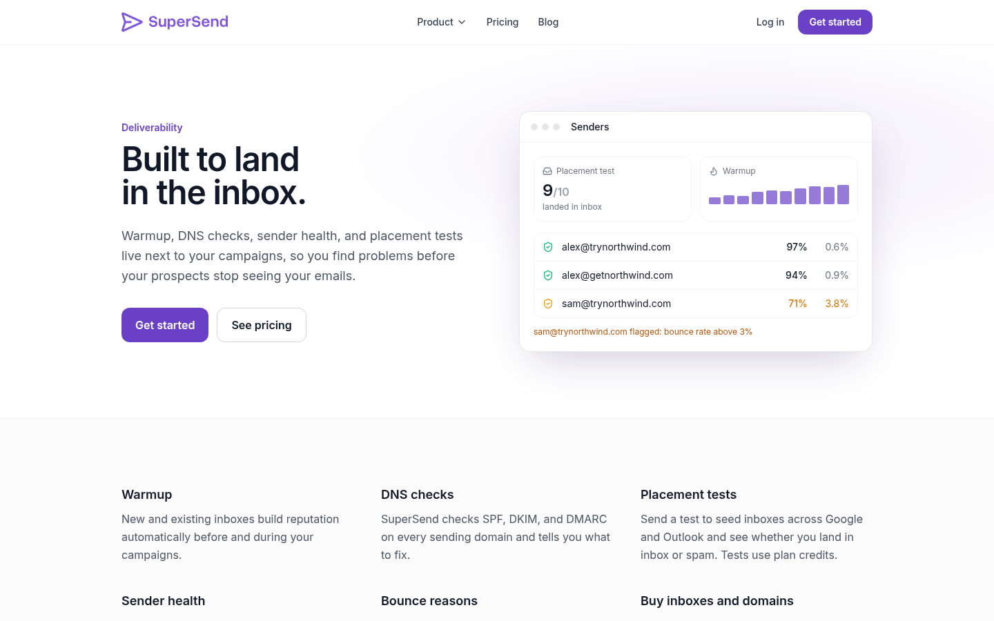 SuperSend's deliverability page showing a placement test result and the bounce guard setting