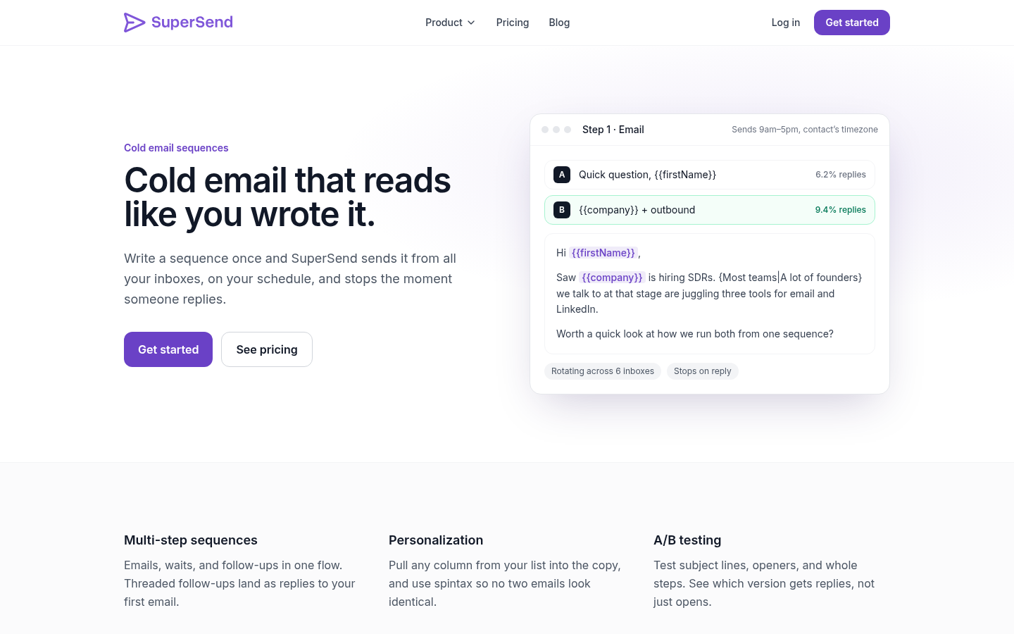 SuperSend's sequence builder with an email step and a LinkedIn step in the same sequence