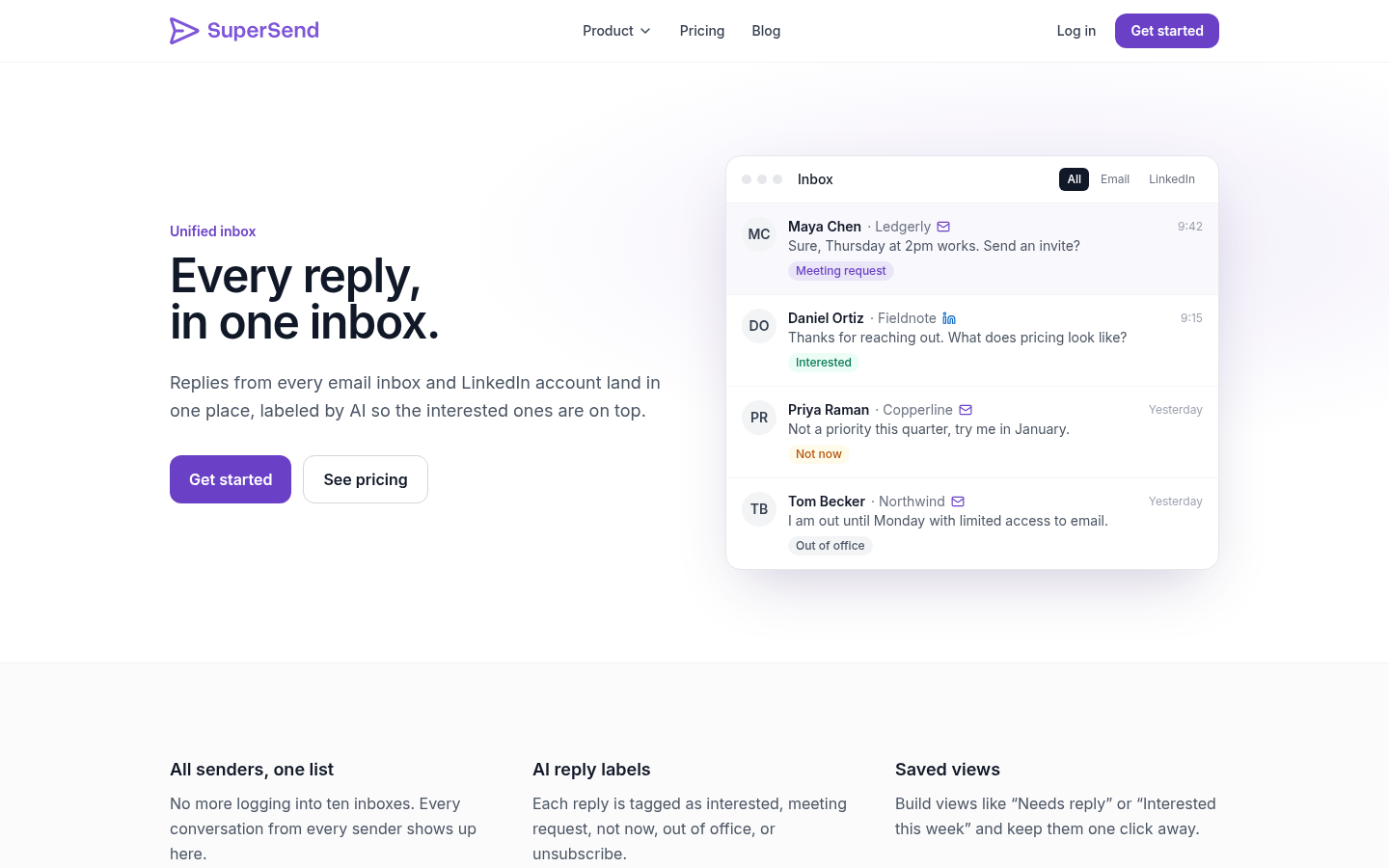 SuperSend's unified inbox with reply labels