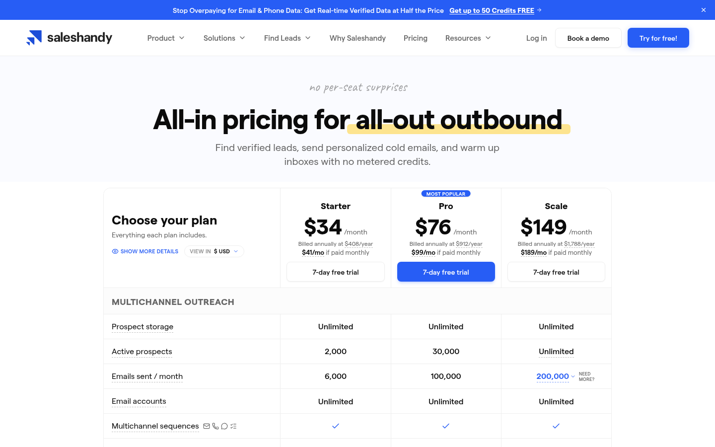 Saleshandy's pricing page