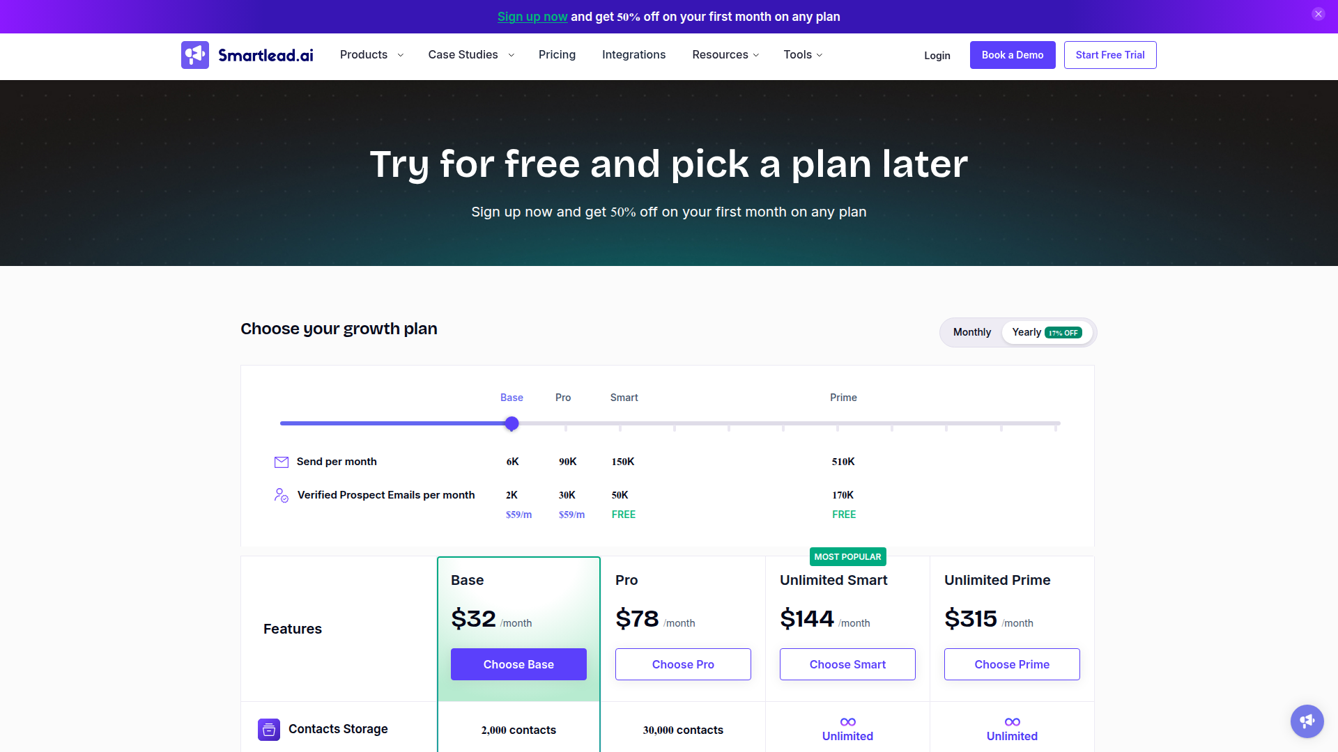 Smartlead's pricing page