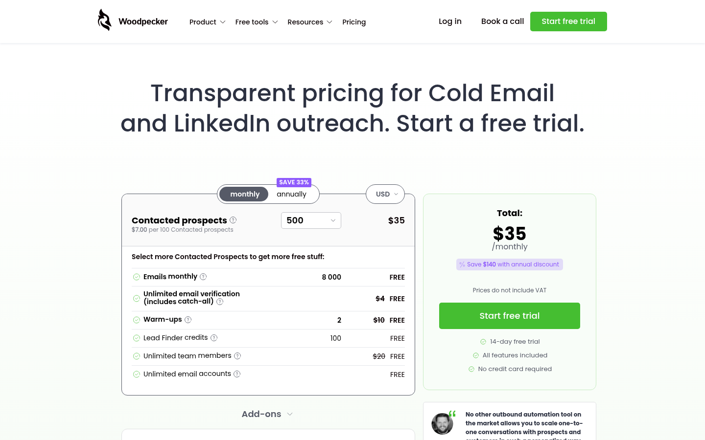Woodpecker's pricing page